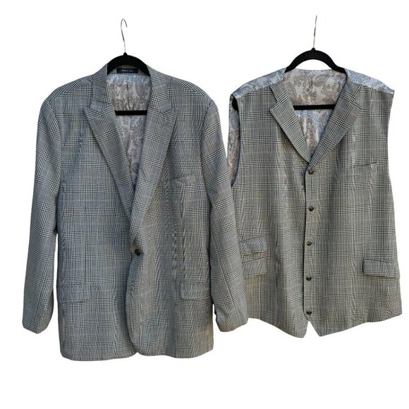 Sergio Valentino Mens Gray Wool Checkered Single Breasted Blazer Vest Set 44L - Picture 1 of 14